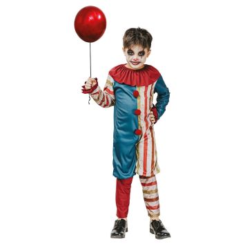 Jeune garçon portant un déguisement d'Halloween de clown maléfique vintage bleu et rouge en tenant un ballon | jourdefete.com