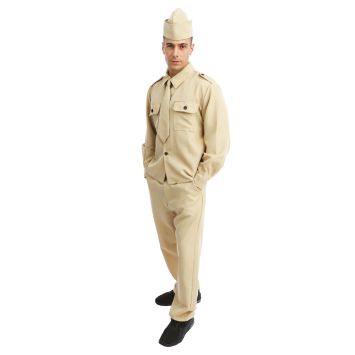 Homme portant un déguisement de soldat américain beige avec calot militaire et cravate | jourdefete.com