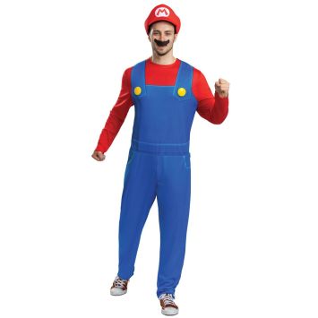Costume adulte inspiré du célèbre héros moustachu en salopette bleue et haut rouge | jourdefete.com