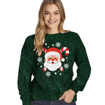 Pull de Noël pailleté Père Noël femme vert sapin avec cannes à sucre et flocons | jourdefete.com