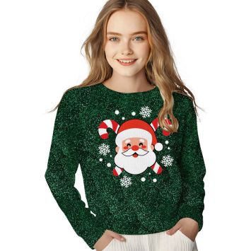 Pull de Noël glitter Père Noël enfant vert sapin avec cannes à sucre et flocons | jourdefete.com