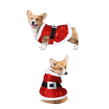 Costume de Noël pour chien en sequins rouges avec ceinture noire et fourrure blanche | jourdefete.com