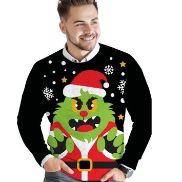 Pull moche de Noël pour homme - Monstre Vert - Taille au choix
