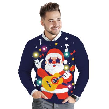 Pull moche de Noël bleu marine lumineux avec motif Père Noël guitariste rock | jourdefete.com