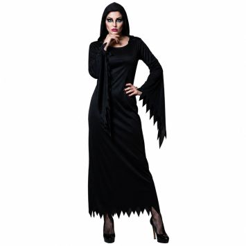 Costume de reine gothique noire à capuche pour femme avec manches dentelées pour Halloween | jourdefete.com