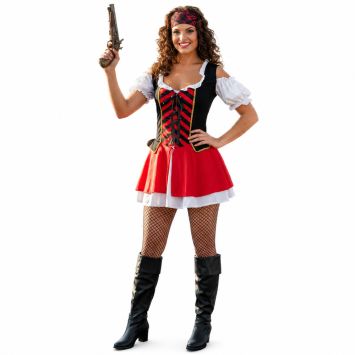Femme souriante vêtue d'un déguisement de pirate corsaire rouge et noir | jourdefete.com