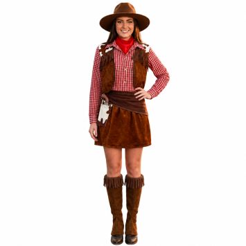 Femme portant un déguisement de cowgirl avec jupe, gilet à franges et chemise à carreaux | jourdefete.com