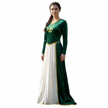 Femme vêtue d'une longue robe verte et blanche de dame médiévale avec fleur de lys dorée | jourdefete.com