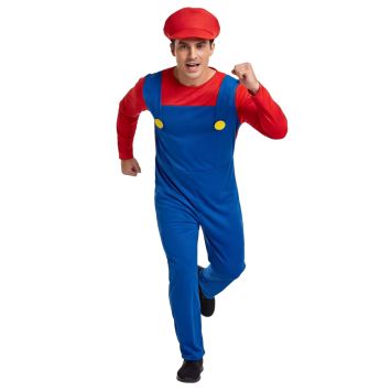 Homme avec un déguisement de plombier rouge et bleu comprenant une casquette et une combinaison | jourdefete.com