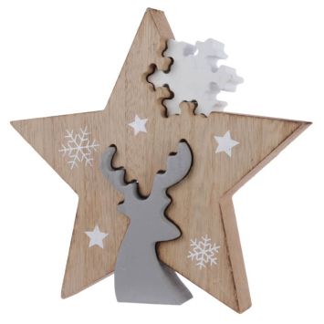 Décoration à poser Noël - Bois - Etoile avec Renne et Flocon