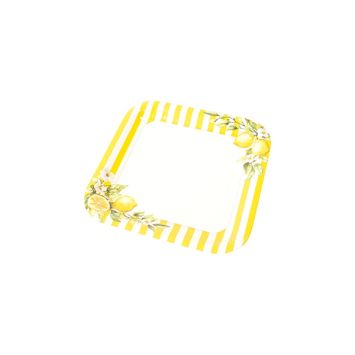 Assiettes carrées rayées jaunes et blanches motif citron Riviera | jourdefete.com