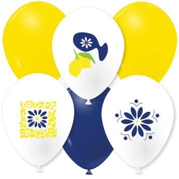 Ballons déco style méditerranéen avec citrons et motifs bleus | jourdefete.com