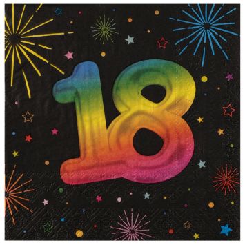 Serviettes en papier anniversaire 18 ans Festicolor avec motifs arc-en-ciel | jourdefete.com
