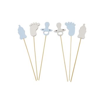 Piques décoratives bleues en bois pour fête de naissance "Biberon, Pied et Tétine" | jourdefete.com