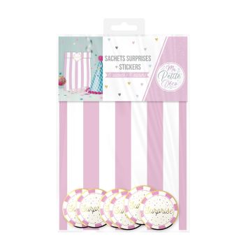 Sachets surprises rayés roses et blancs avec stickers "Surprise" pour fêtes et événements | jourdefete.com