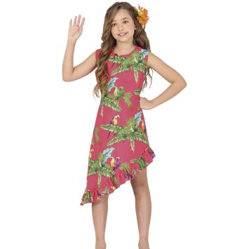 Robe hawaïenne rose pour fille avec motif tropical et perroquets | jourdefete.com