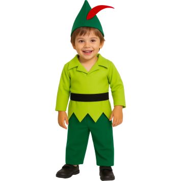 Bébé portant un déguisement d’archer vert avec tunique, pantalon et chapeau à plume rouge | jourdefete.com