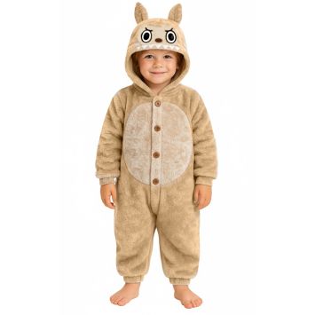 Déguisement enfant monstre beige inspiré des Labubu, combinaison douce avec capuche | jourdefete.com