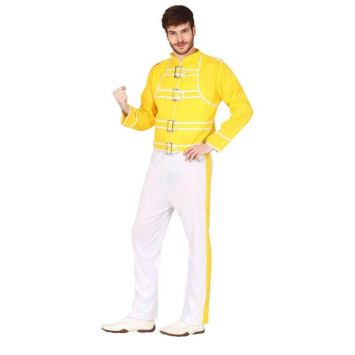 Déguisement pour homme inspiré de Freddie Mercury avec veste jaune et pantalon blanc, style rock iconique.