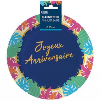 Assiettes tropicales anniversaire avec feuilles exotiques et inscription dorée | jourdefete.com