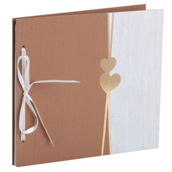 Livre d’or mariage 40 pages moka avec ruban et cœurs dorés | jourdefete.com