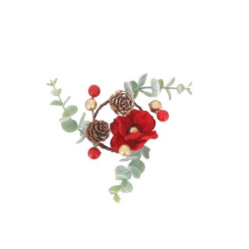 Rond de serviette de Noël en velours rouge avec pommes de pin et baies dorées | jourdefete.com