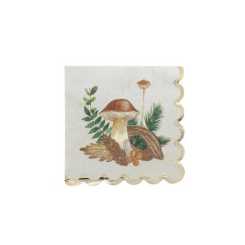 Serviettes cocktail 24x24 cm au motif champignon et feuillage doré pour apéritif automnal | jourdefete.com