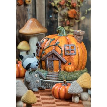 Photophore d'automne en forme de maison-citrouille en magnésie - 33 x 32 x 27 cm