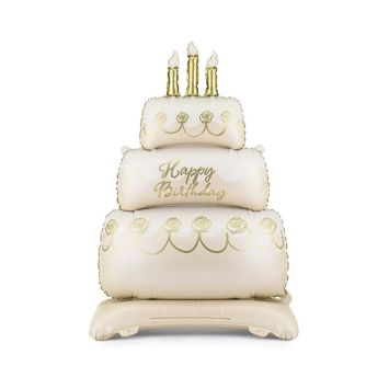 Ballon en aluminium sur pied en forme de gâteau d'anniversaire à trois étages beige et or avec des bougies | jourdefete.com