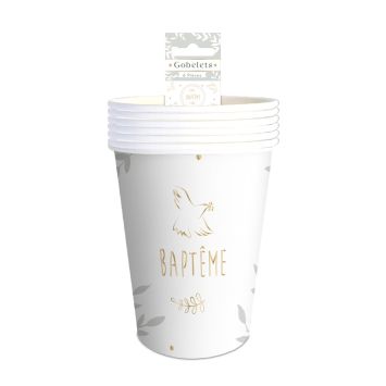 Gobelets baptême en papier avec colombes dorées et inscription | jourdefete.com