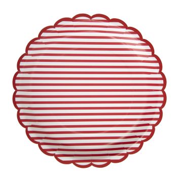 Assiettes en carton festonnée à rayures bayadère rouges et blanches pour décoration de fête | jourdefete.com