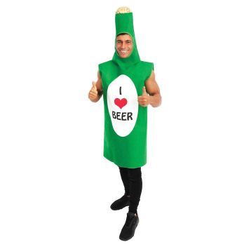 Déguisement de bouteille de bière verte avec message I Love Beer porté par un homme | jourdefete.com