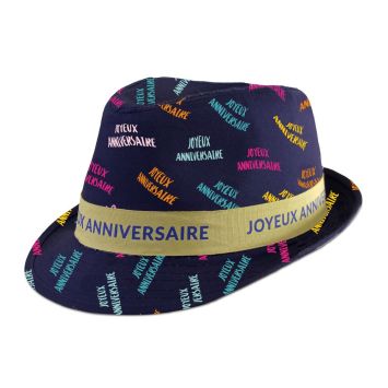 Chapeau Borsalino bleu avec motif "Joyeux Anniversaire" coloré | jourdefete.com