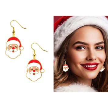Boucles d’oreilles métalliques Père Noël rouge et blanc portées pendant les fêtes, crochets avec butées en silicone | jourdefete.com