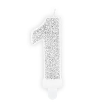 Bougie à paillettes argentées pour anniversaire - 7 cm - Chiffre au choix