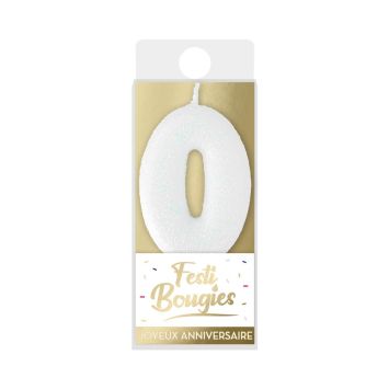 Bougie chiffre 0 blanche avec paillettes scintillantes | jourdefete.com
