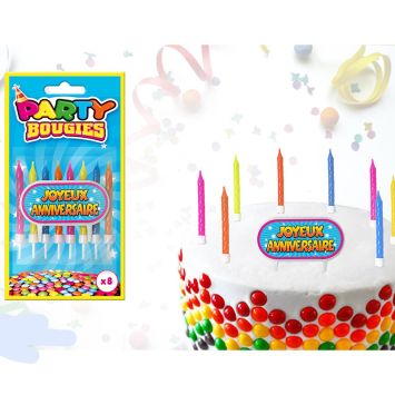 8 Bougies Multicolores et Totem "Joyeux Anniversaire"