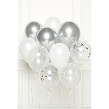 Bouquet de ballons argent et blanc avec confettis pour fête chic et douce | jourdefete.com