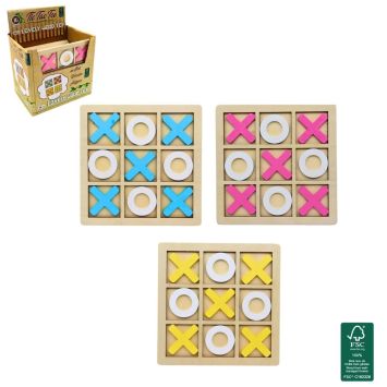 Jeu de morpion en bois avec pièces colorées en rose, bleu ou jaune | jourdefete.com