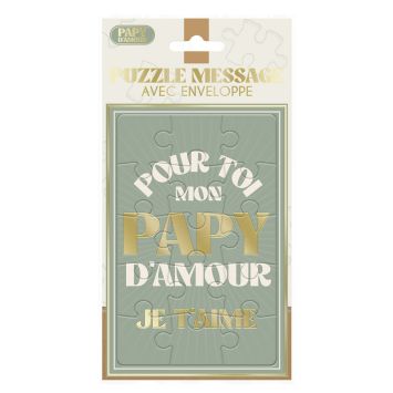 Puzzle message avec texte "Pour toi mon papy d'amour je t'aime" sur fond vert et doré | jourdefete.com