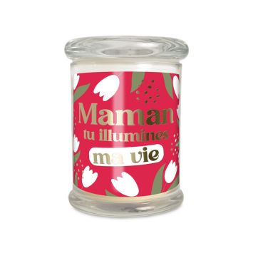 Bougie en verre avec couvercle, motifs floraux de tulipes et messages dorés tendres pour la fête des mères, deux modèles au choix | jourdefete.com