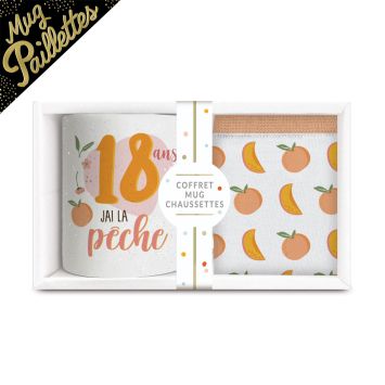 Coffret Mug et Chaussettes 18 ans “J’ai la pêche”, décor pêches et couleurs vitaminées | jourdefete.com