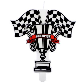 Bougie "Champion" avec trophée et drapeaux à damier | jourdefete.com