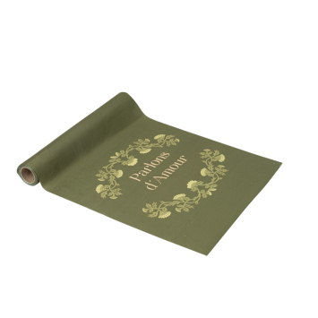 Chemin de table "Parlons d'Amour" en tissu pistache et or | jourdefete.com
