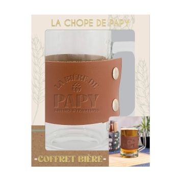 Coffret chope de bière La Bière de Papy avec manchon en cuir pour grand-père | jourdefete.com
