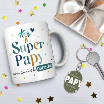 Coffret Mug "Super Papy" et Porte-clés "Meilleur Papy du monde"