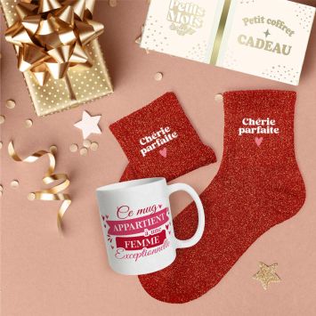 Coffret Mug à paillettes et Chaussettes à paillettes pour femme - Saint-Valentin - Collection Chéri Chérie