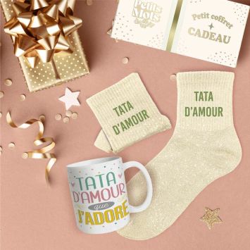 Coffret Mug et Chaussettes à paillettes "Tata d'Amour" pour femme - Collection Famille d'Amour