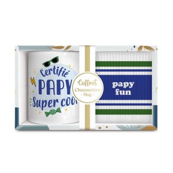 Coffret cadeau mug “Certifié papy super cool” et chaussettes “Papy fun” | jourdefete.com