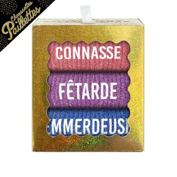 Coffret trio chaussettes paillettes femme Connasse Fêtarde Emmerdeuse | jourdefete.com